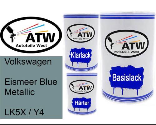 Volkswagen, Eismeer Blue Metallic, LK5X / Y4: 500ml Lackdose + 500ml Klarlack + 250ml Härter - Set, von ATW Autoteile West.